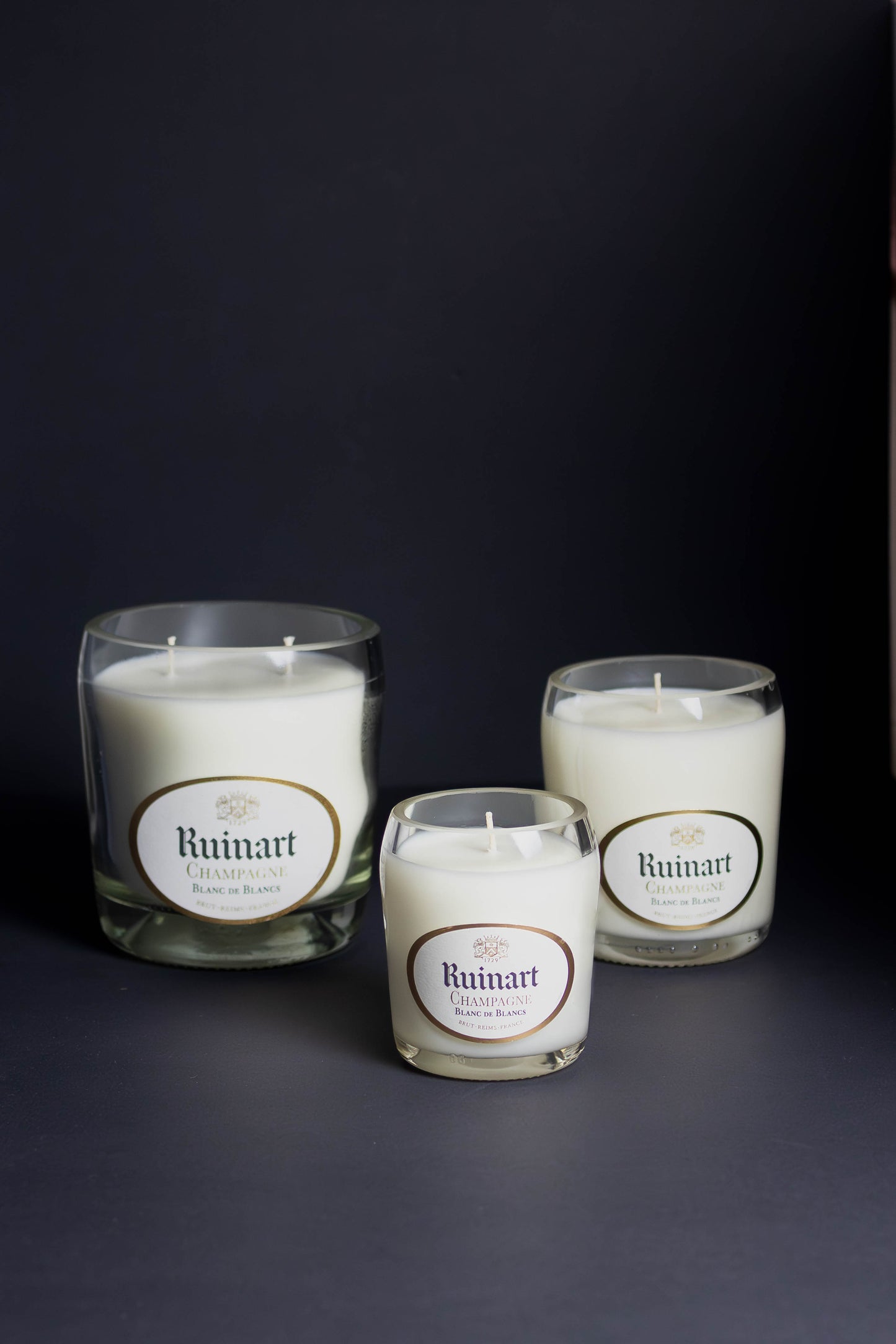 Ruinart Blanc de Blanc 375ml and 750ml and 1.5L upcycled candle collection